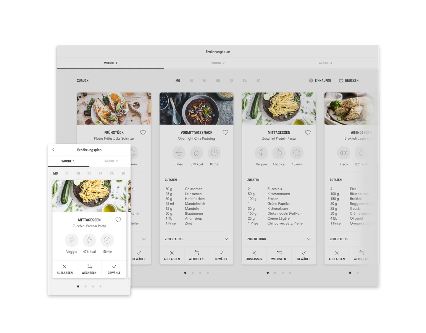 Plaza Sportsclub Ernährungsplan Plan mit Mahlzeiten (Desktop responsive Ansicht Beispiel Tag)